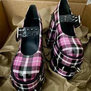 Dolls Kill Pink Black Plaid Platform Mary Janes with Studded Straps